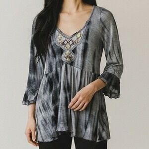 Free People Tunic Top Women S Grey Tie‎ Dye Embroidered Boho Peasant Hippie